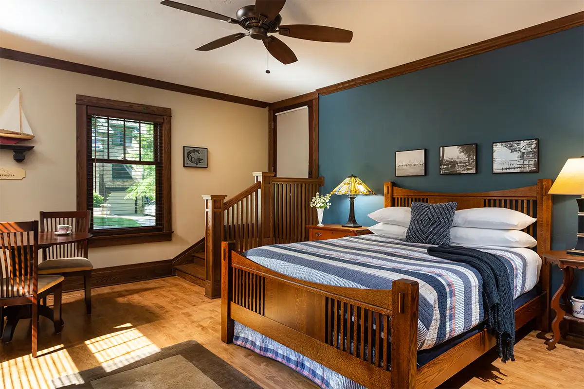 After exploring the best restaurants in Madison,Wi, you'll want to return to our cozy bed and breakfast, a guest room pictured here
