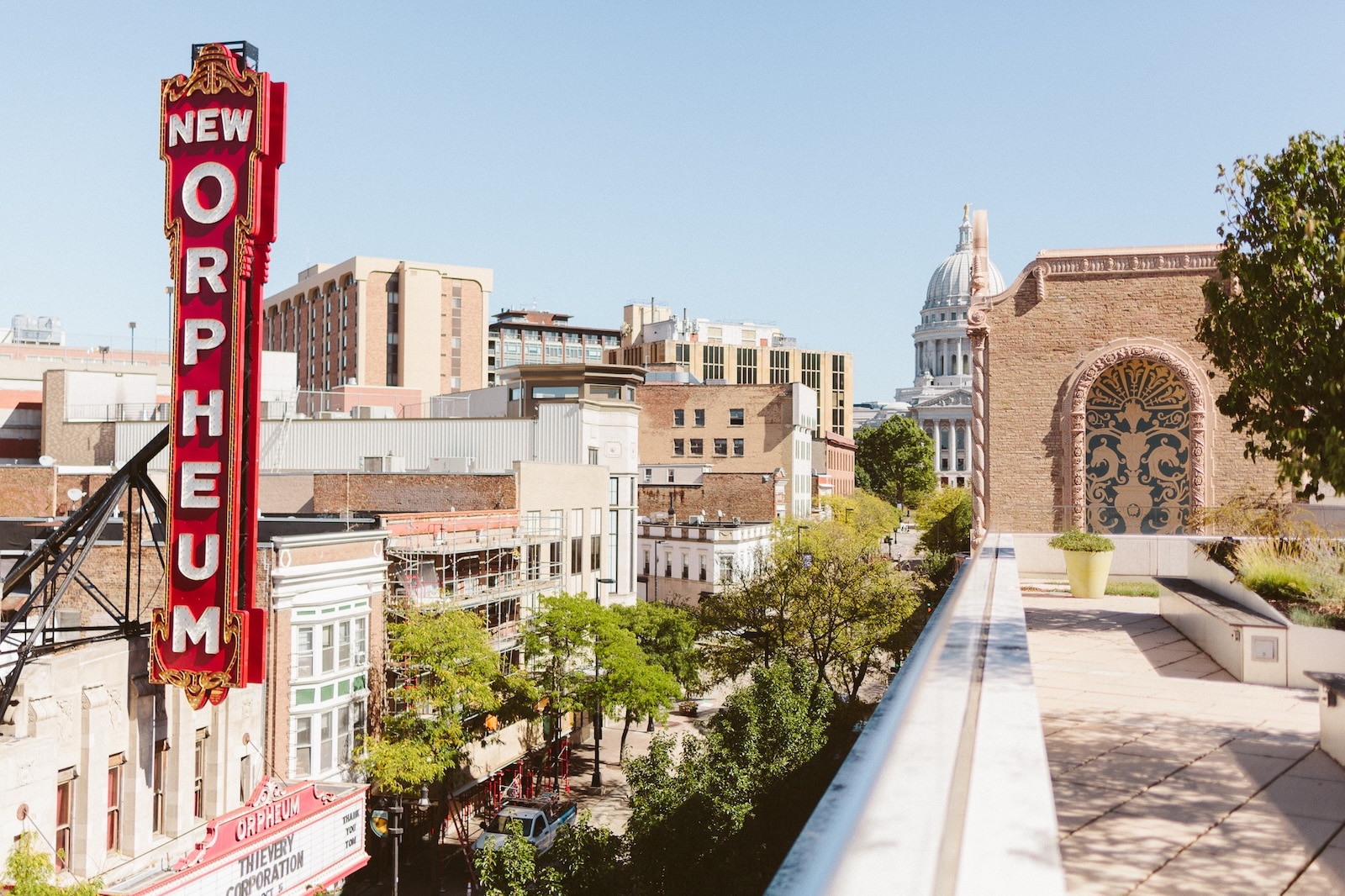 an aerial view of a theater on state street in Madison